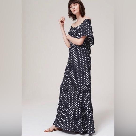 Ann Taylor LOFT Off the Shoulder Navy and White Flowy Dress - Picture 2 of 12